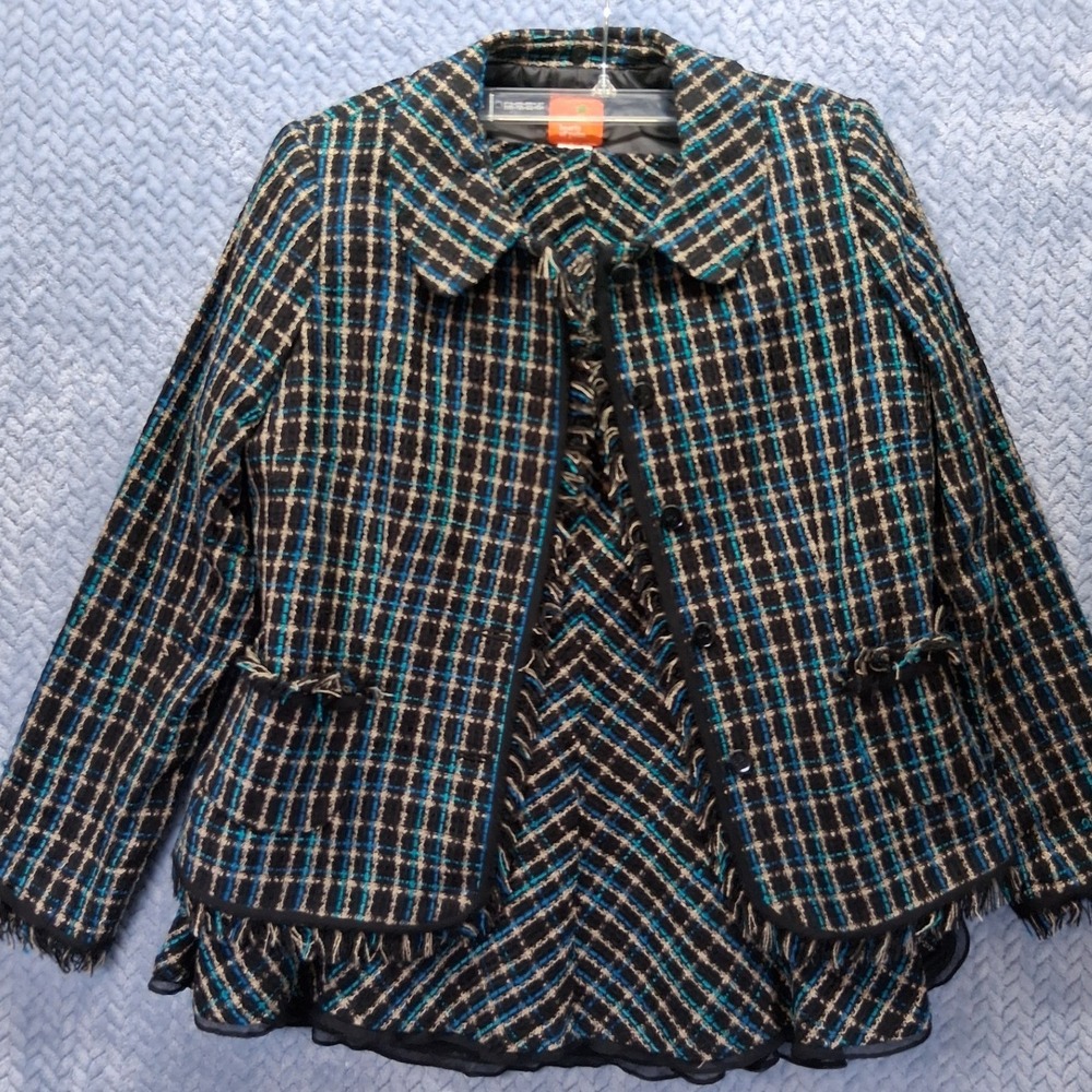 Hearts of Palm Teal Black Tweed Plaid Skirt Suit Set Blazer A-Line Skirt Size 6
